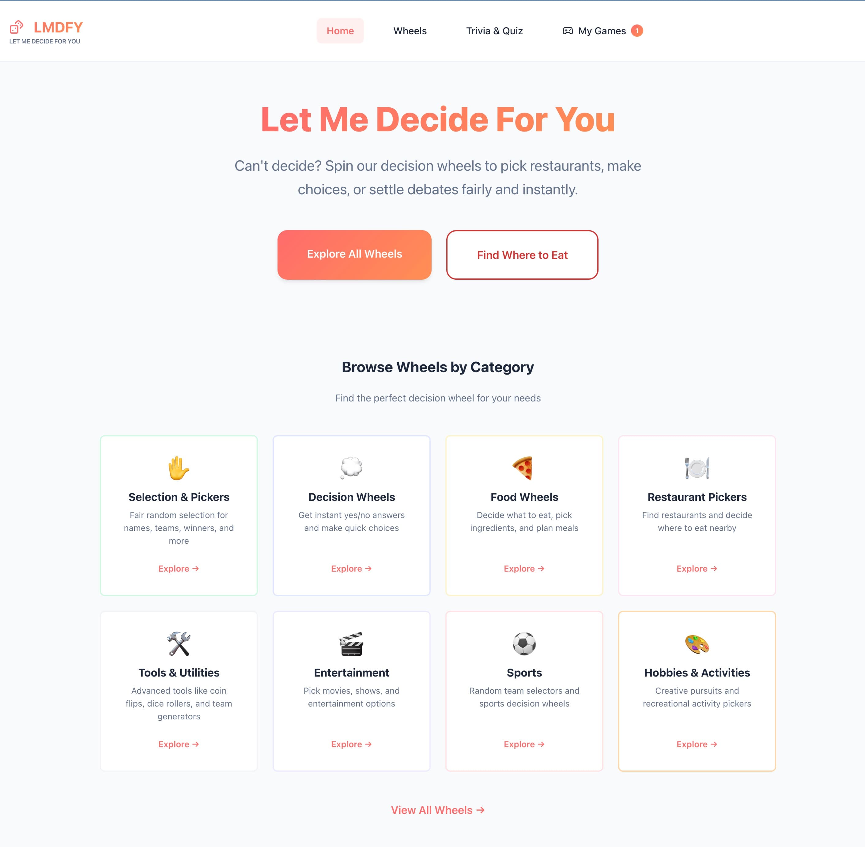 LMDFY homepage showing multiple decision wheel categories including restaurant picker, yes/no wheel, coin flip, dice roller, and other decision-making tools