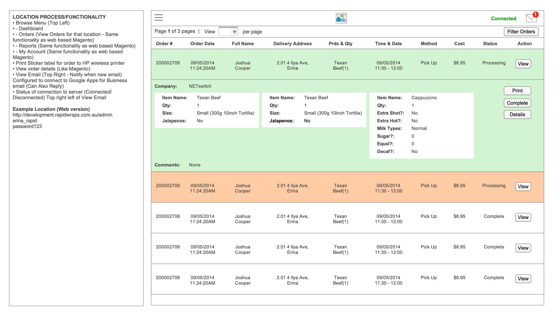 Restaurant iPad Order Management Wireframes